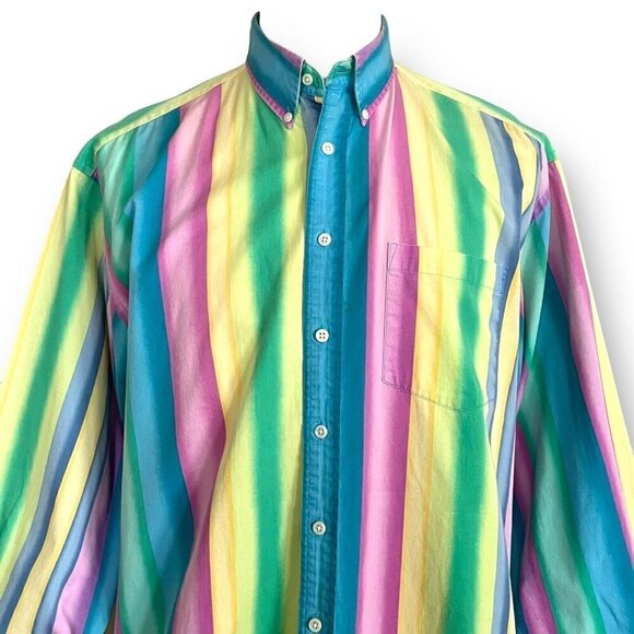Vintage 90s Mens Button Down Shirt Sz L Rainbow Easter Egg Ombre Stripe Preppy - Picture 2 of 9
